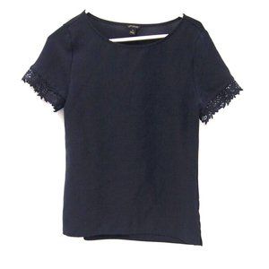 Ann Taylor Womens Top Shirt XS Short Sleeve Mixed Media Crochet Sleeve Navy Blue